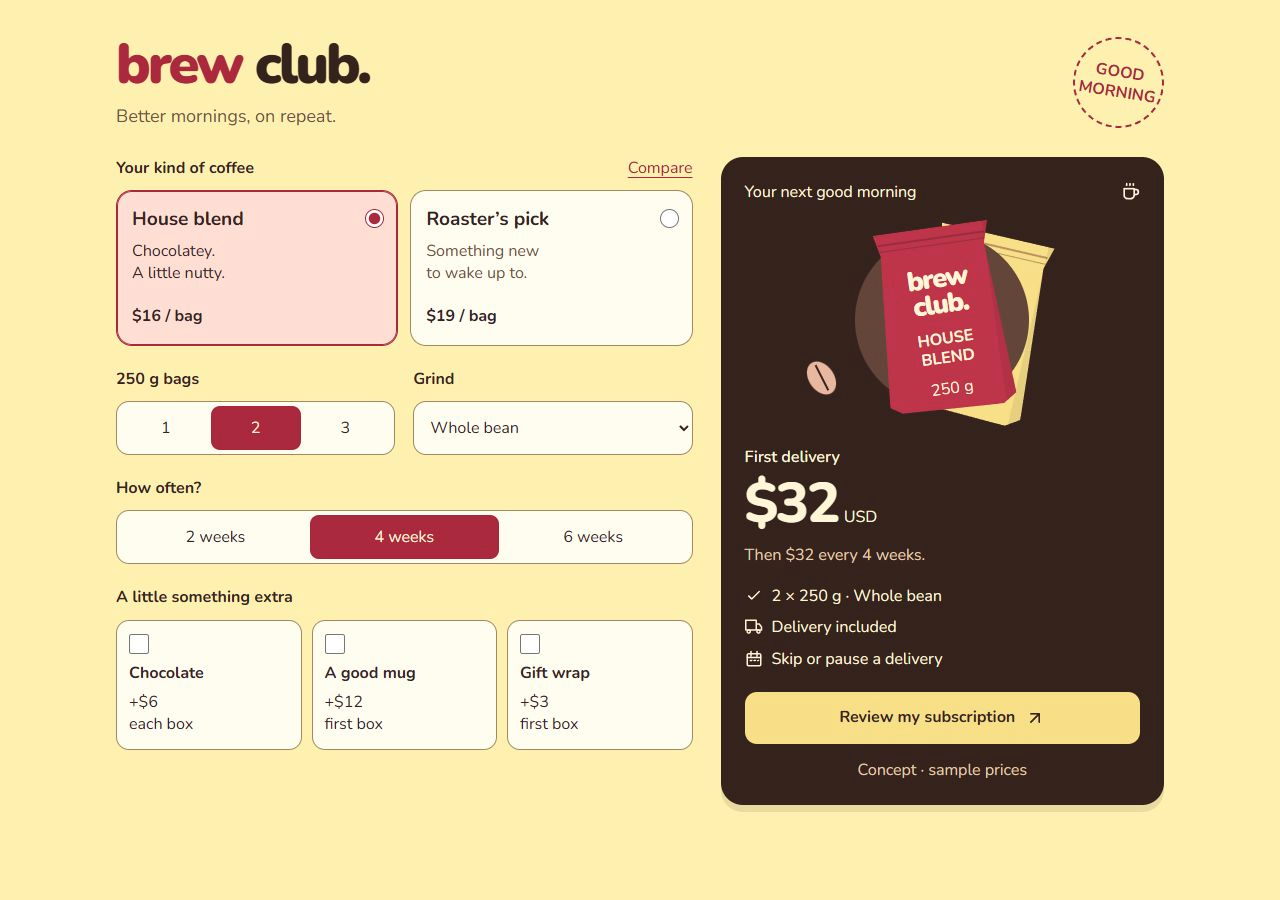 Brew Club working demo: butter-yellow selection form, two coffee choices and an espresso-brown delivery summary with illustrated packaging