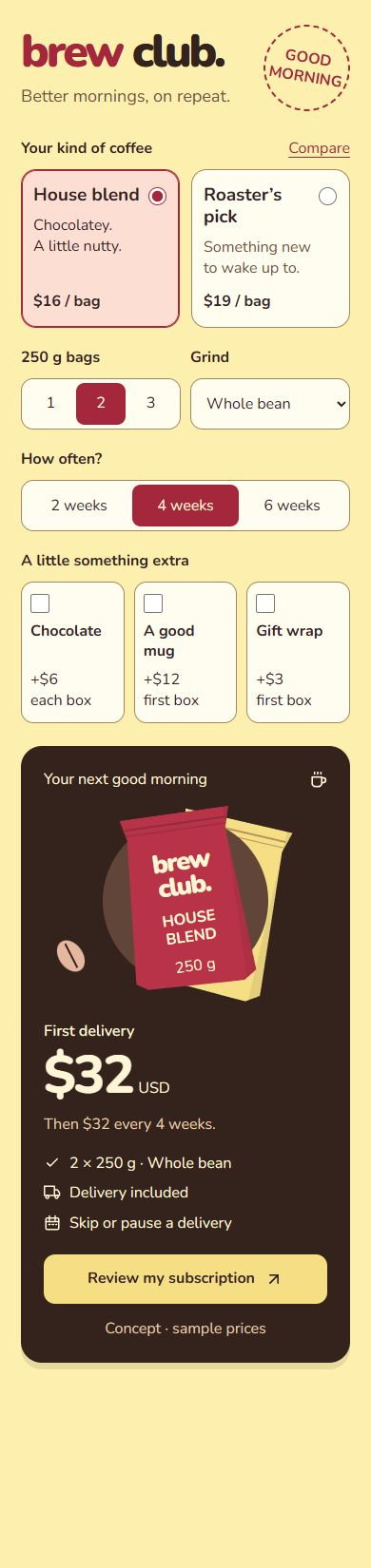 Brew Club at a 390px viewport: readable, stacked controls with the summary below the form