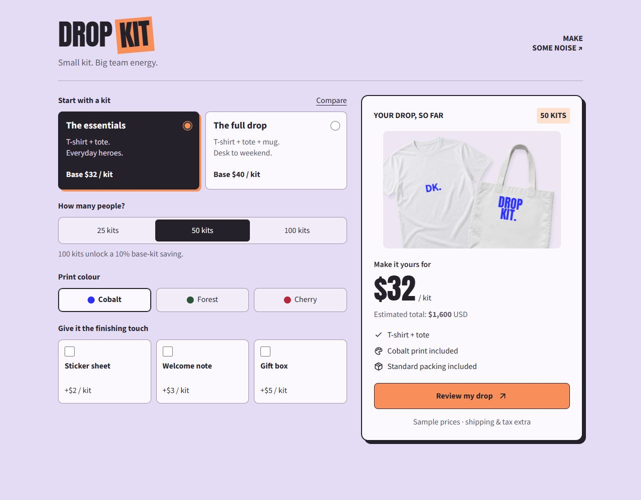 Drop Kit working demo: lilac builder with kit choices, quantity and colour controls, white product mockups and a per-kit price summary