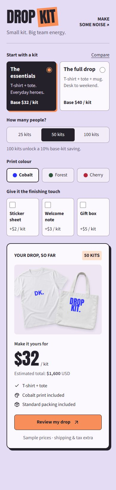 Drop Kit at a 390px viewport: readable, stacked controls with the summary below the form