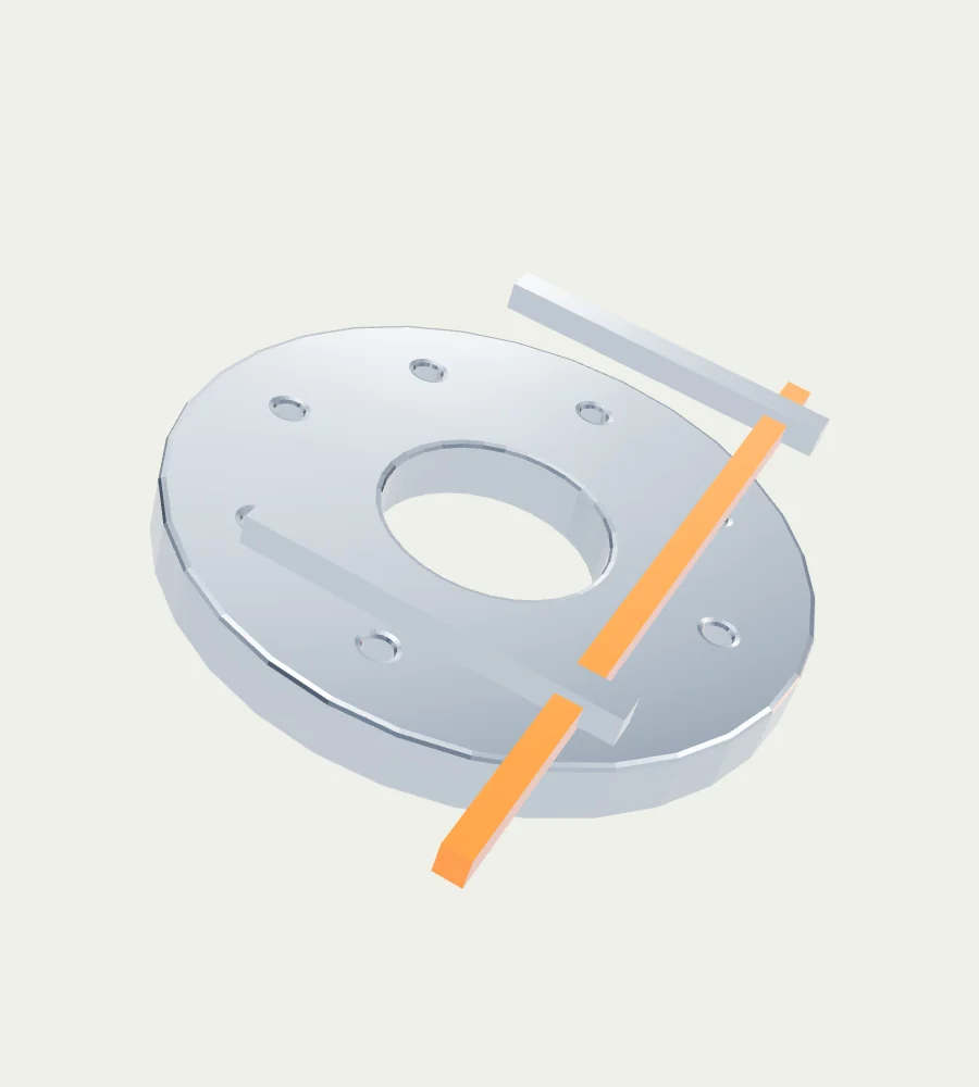 Machined flange under a stylized orange inspection gauge