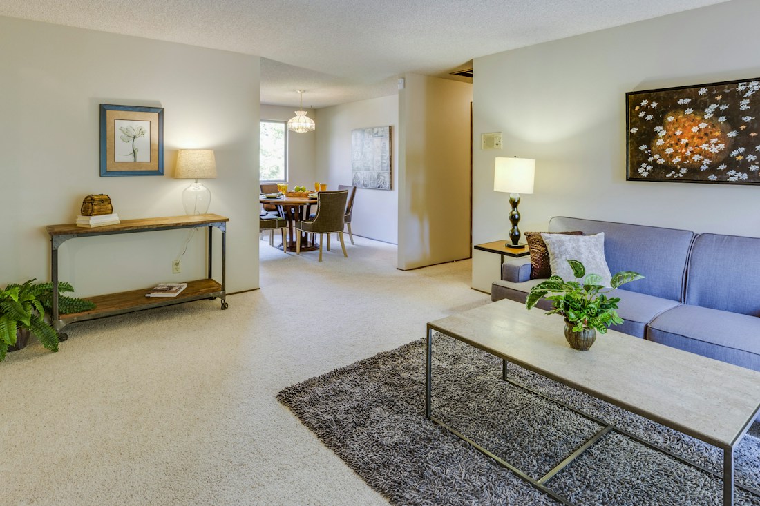 Living room with blue seating and a green plant on a coffee table