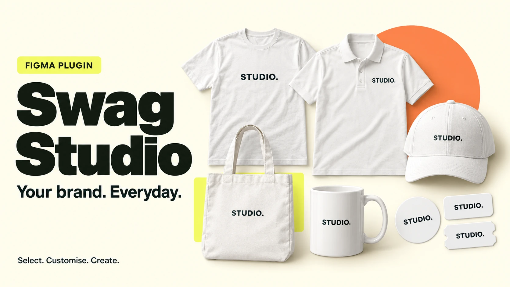 Swag Studio’s published preview: matching branded T-shirt, polo shirt, cap, tote bag, mug and stickers.